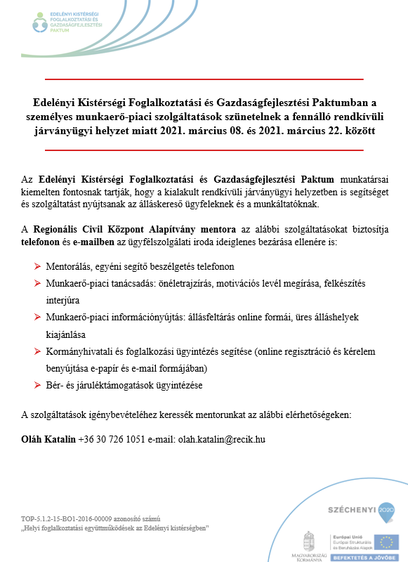 Tájékoztató a személyes munkaerő-piaci szolgáltatások járványügyi helyzet miatti szüneteléséről. A kép teljes szövege az alatta található lenyíló átiratban olvasható.