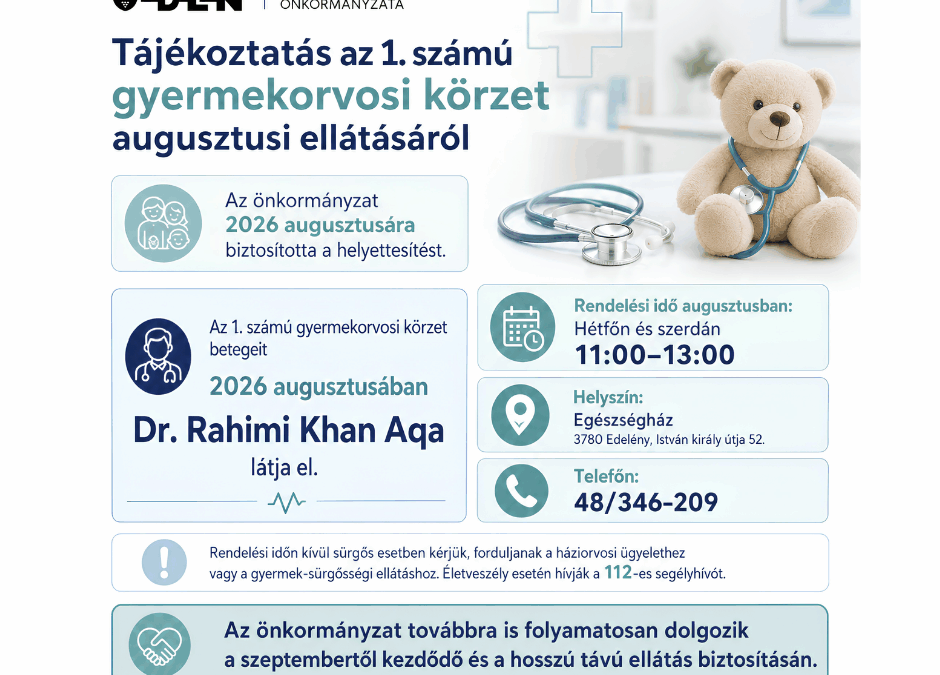 Tájékoztatás az 1. számú gyermekorvosi körzet augusztusi ellátásáról